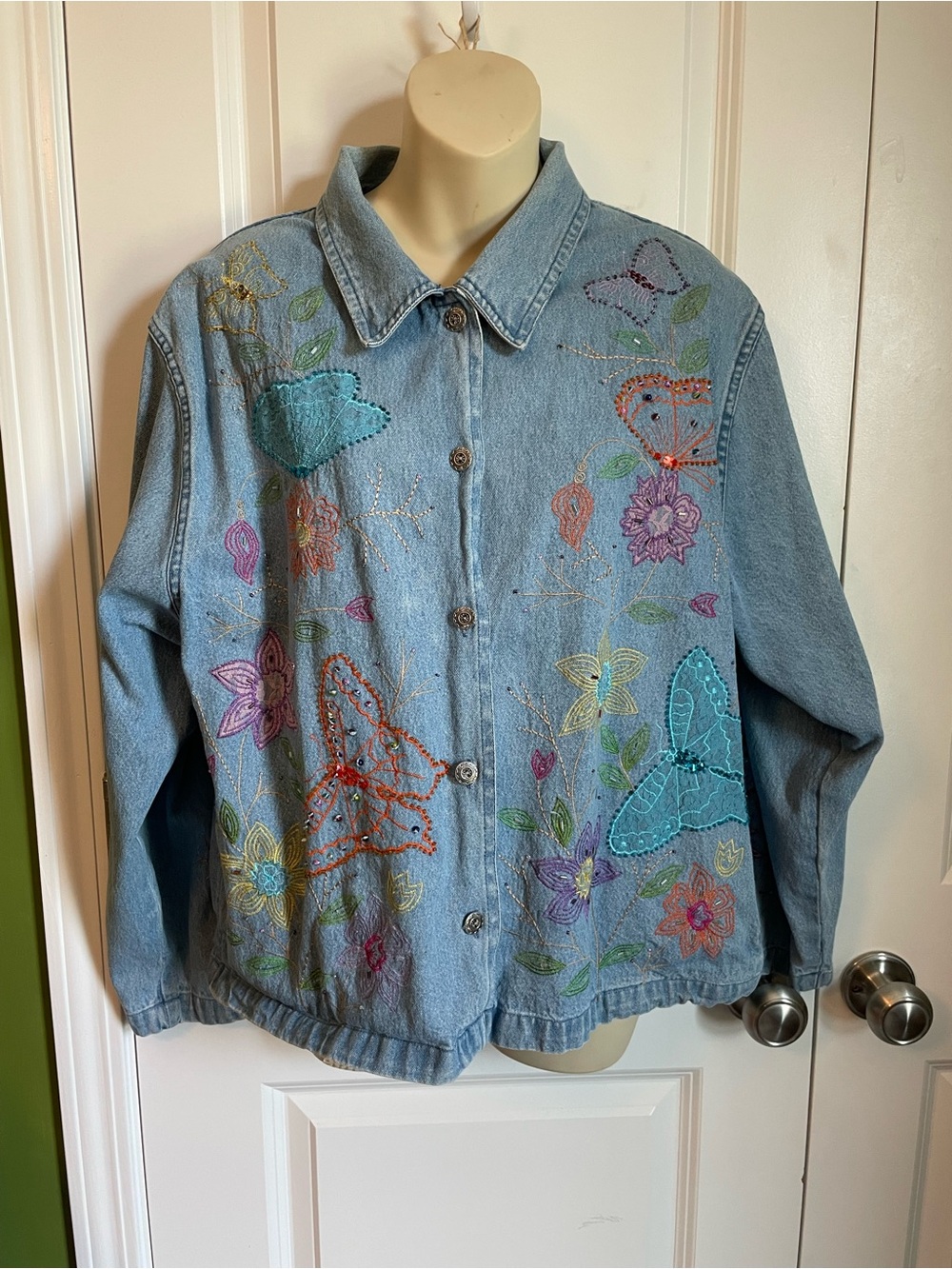 Tantrums Beaded Embroidered Denim Jacket Large Flowers Butterflies 90s - Picture 1 of 7